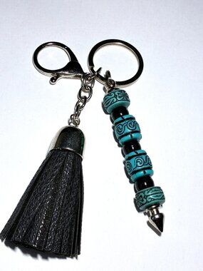 Turquoise Beaded Keychain with Black Tassel